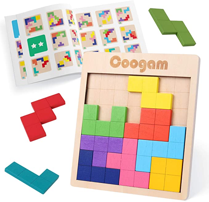 Coogam Tangram in legno Puzzle Pattern Blocks Rompicapo Gioco con 60 sfide, 3D Giocattolo da costruzione russo Puzzle a forma di legno Montessori