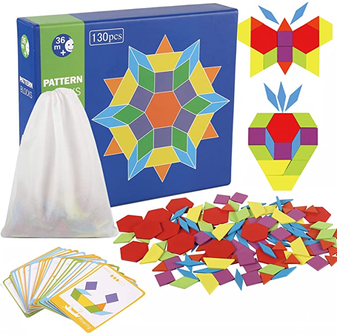 Jacootoys 130 Pezzi Blocchi Tangram Puzzle di Legno Forme Geometriche Giocattoli con 24 Schede di Progettazione per Bambini 3 Anni