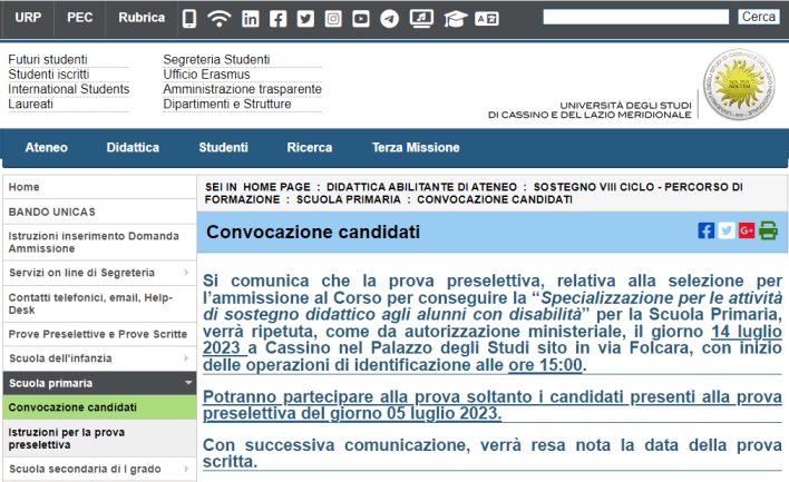 avviso nuova data tfa sostegno scuola primaria Cassino