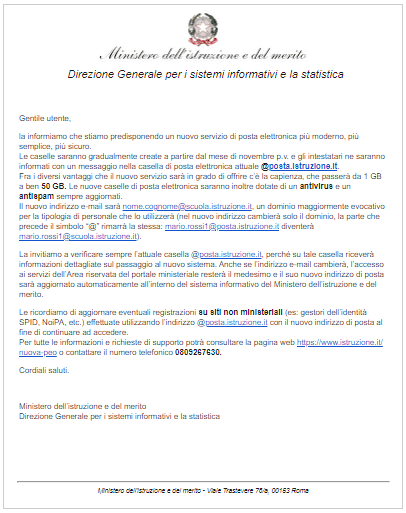 mail mim inviata al personale scolastico per la nuova posta elettronica