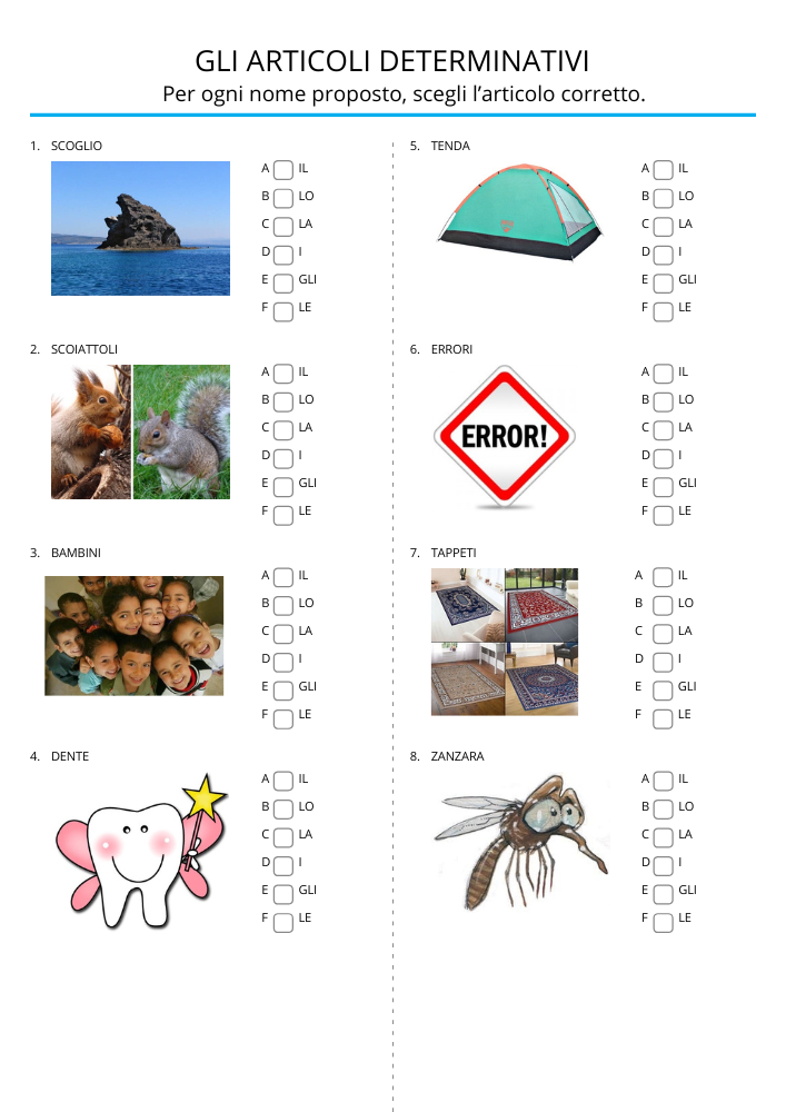 Scheda articoli indeterminativi - esercizi